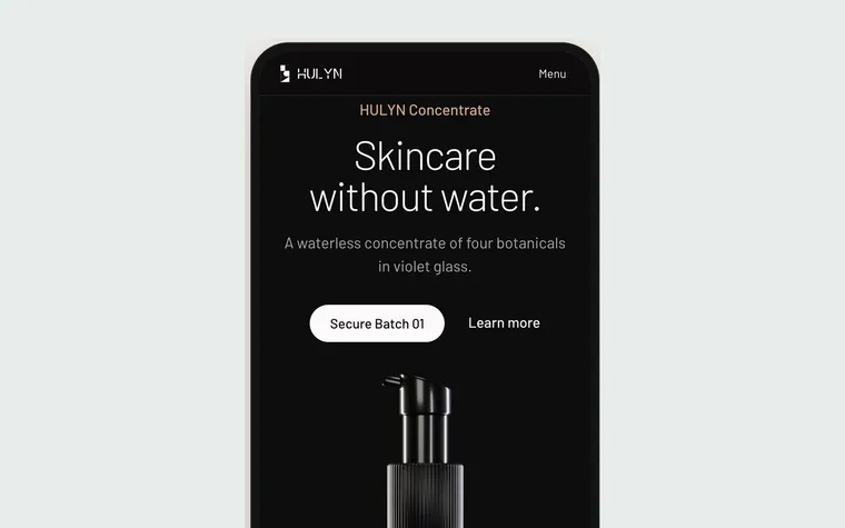 Phone view of the HULYN Concentrate site, a dark product page headed Skincare without water.
